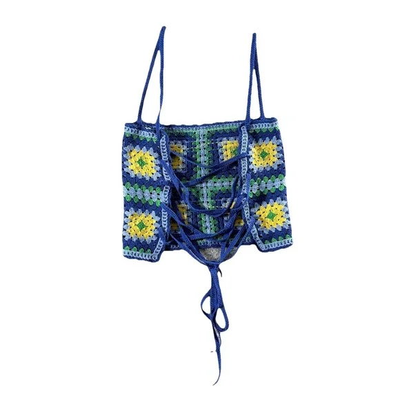 Zara Crochet Set Women Blue Yellow Small Granny Square Boho Festival Matching - Picture 4 of 16